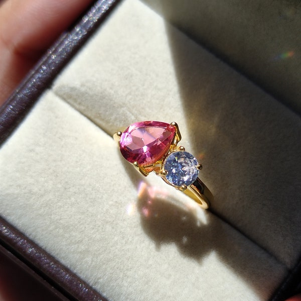 Pink tourmaline and moissanite ring/ pear cut pink tourmaline/ 925 sterling silver ring/ promise ring/ toi et moi ring/ two stone ring