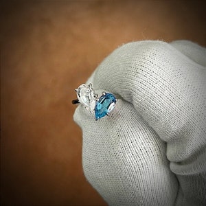 Blue topaz and moissanite two stone ring/ pear cut blue topaz /925 sterling silver ring /promise ring/ proposal ring/ birthday gift for her