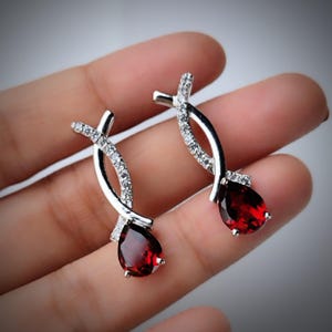 Red garnet earrings studs/ pear cut teardrop red garnet earrings/ 925 sterling silver earrings/ anniversary gift / birthday gift for her