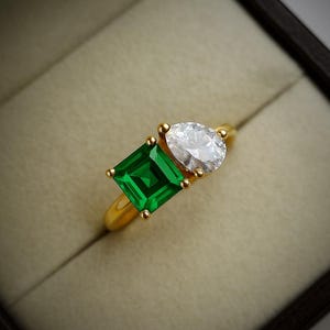 Emerald and Moissanite two stone ring/ April and May birthstone ring/ toi et moi ring/ 925 sterling silver ring /promise ring /gift for her