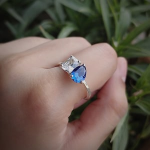 Blue sapphire and moissanite Two Stone Ring/ Engagement Ring/ pear cut sapphire/ promise ring/ toi et moi Ring/ proposal ring /gift for her