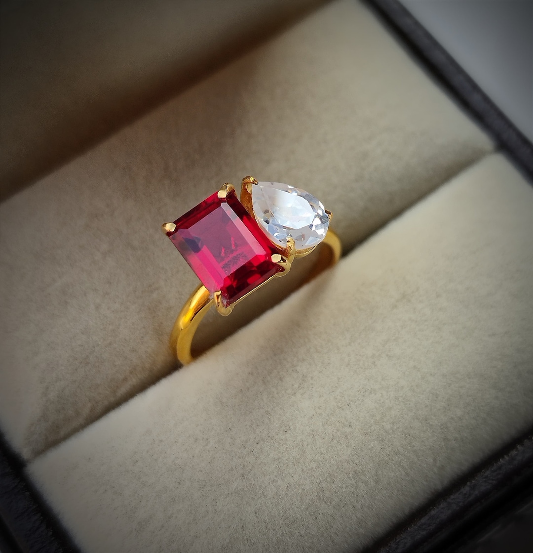 Ruby and Moissanite Two Stone Ring/ Emerald Cut Ruby / 925 Sterling ...
