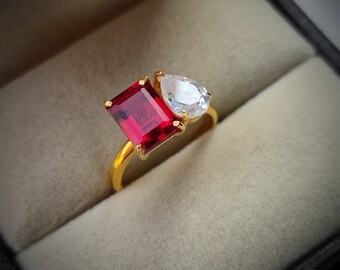 Ruby and moissanite two stone ring/ emerald cut ruby / 925 sterling silver ring/ promise ring/ toi et moi ring/ proposal ring/ gift for her