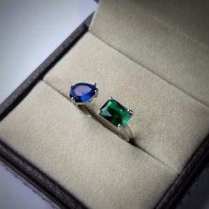 Emerald and Sapphire two stone ring/ pear cut emerald ring/ may and September birthstone/ 925 sterling silver ring/ promise ring for her