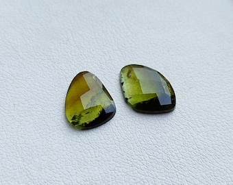 Natural Green bi color Tourmaline faceted rose cut slice pair, 3.65cts green tourmaline slicepair, fancy cut rose cut slice pair for jewelry