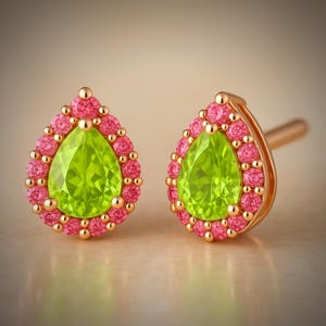 Tsavorite garnet earrings studs/ pear green garnet studs with pink side stone/ 925 sterling silver earrings/ anniversary gift/ gift for her