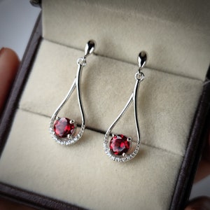 Red garnet earrings studs/ round cut teardrop red garnet earrings/ 925 sterling silver earrings/ anniversary gift / birthday gift for her