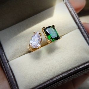 Emerald and Moissanite two stone ring/ April and May birthstone ring/ toi et moi ring/ 925 sterling silver ring /promise ring /gift for her