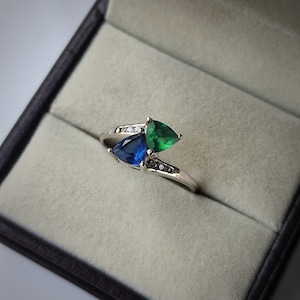Emerald and Sapphire two stone ring/ Trillion cut emerald and blue Sapphire toi et moi 925 sterling silver ring /promise ring /gift for her