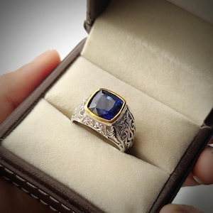 Blue Sapphire Ring, 925 Sterling Silver, cushion cut blue sapphire, September Birthstone ring, promise ring for him, Birthday Gift For him