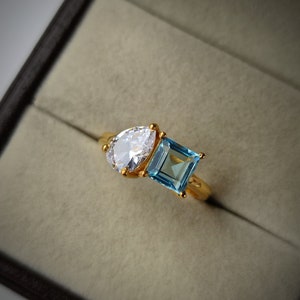 Aquamarine and moissanite Two Stone Ring - Engagement Ring - Emerald cut aquamarine Ring - promise ring - toi et moi Ring - gift for her