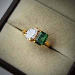 Emerald and Moissanite two stone ring/ April and May birthstone ring/ toi et moi ring/ 925 sterling silver ring /promise ring /gift for her