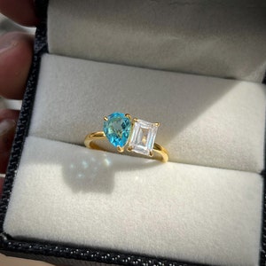 Aquamarine and moissanite Two Stone Ring/ Engagement Ring/ pear cut aquamarine/ promise ring/ toi et moi Ring/ proposal ring /gift for her