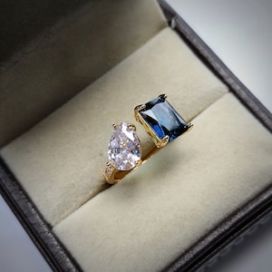 Blue sapphire and moissanite Two Stone Ring/ Engagement Ring/ pear cut sapphire/ promise ring/ toi et moi Ring/ proposal ring /gift for her