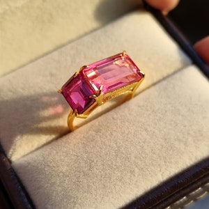 Pink tourmaline and Roadlight garnet Two Stone Ring - Engagement Ring, Emerald cut Pink Tourmaline Ring - Art Deco Ring - gift for her