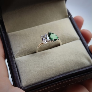 Emerald and Moissanite two stone ring/ April and May birthstone ring/ toi et moi ring/ 925 sterling silver ring /promise ring /gift for her
