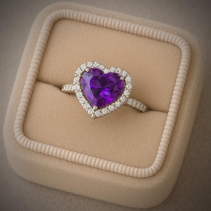 Amethyst ring/ heart cut amethyst halo ring/ February birthstone/925 sterling silver ring/ purple heart ring/ promise ring/ gift for her