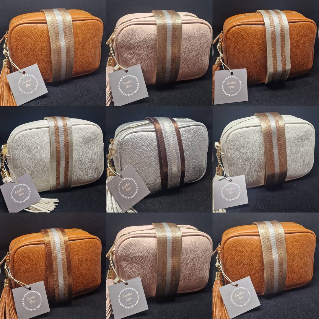 Crossbody Tassel Camera Style Bag With Wide Neutral Glitzy Striped Changeable Strap Gold