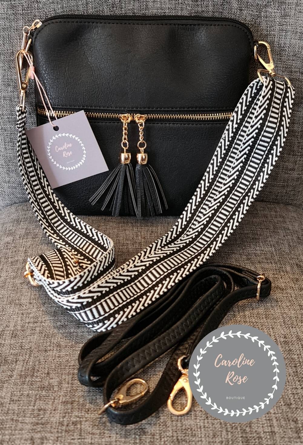 Black Tassle Crossbody Bag with Changeable Strap Etsy