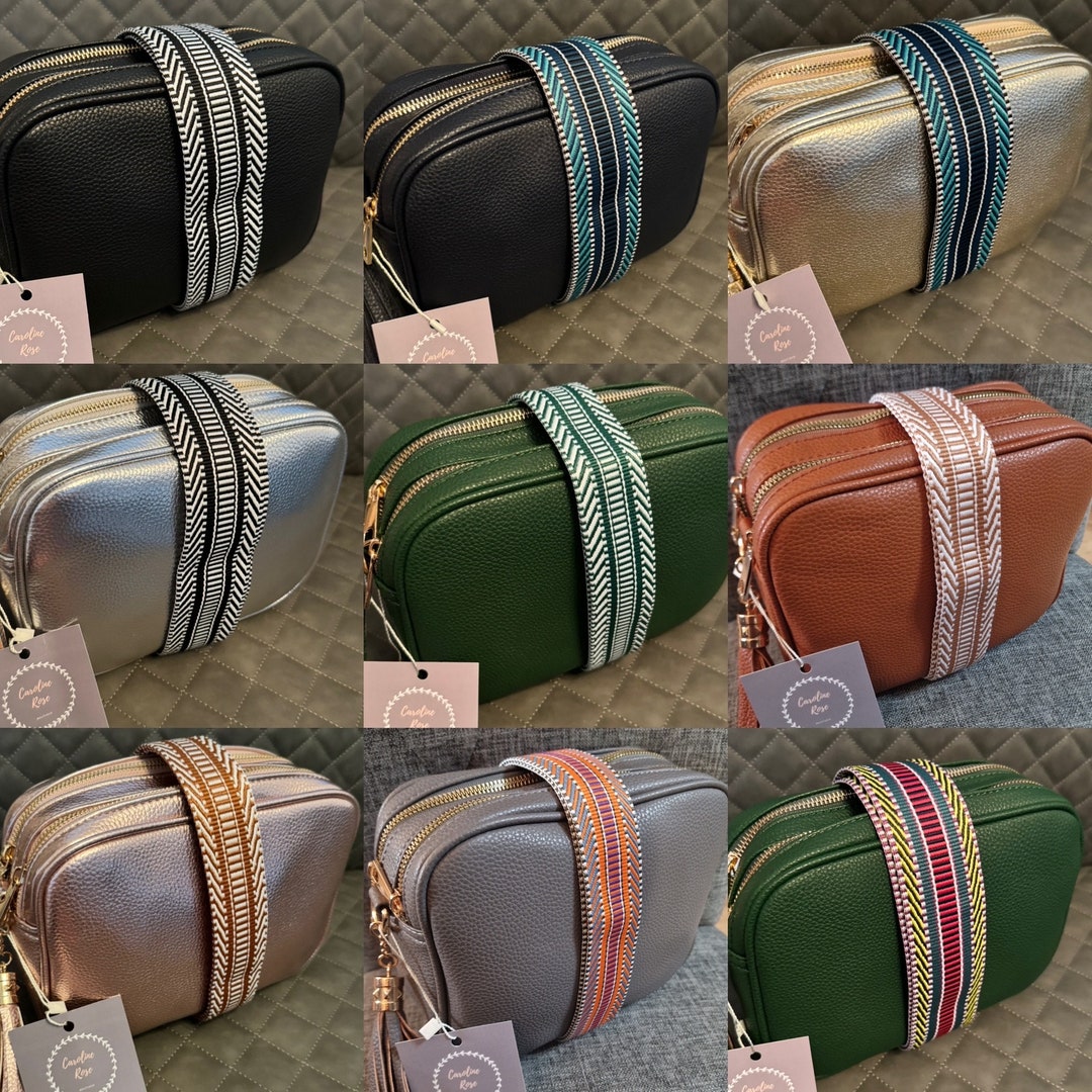 Double Zip Crossbody Tassel Bag/camera Bag With Stripey & Chevron Changeable Strap Gold Hardware