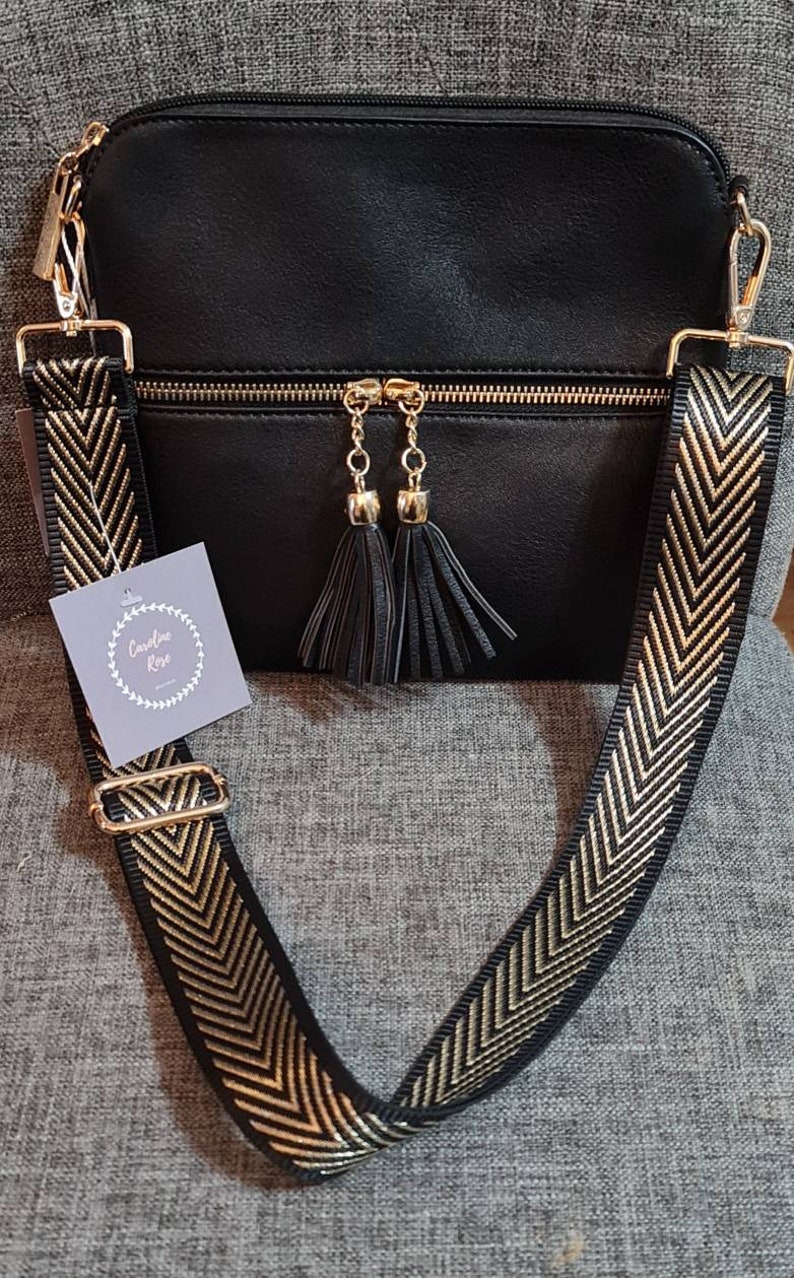 Black Tassle Crossbody Bag With Changeable Strap Gold Etsy UK