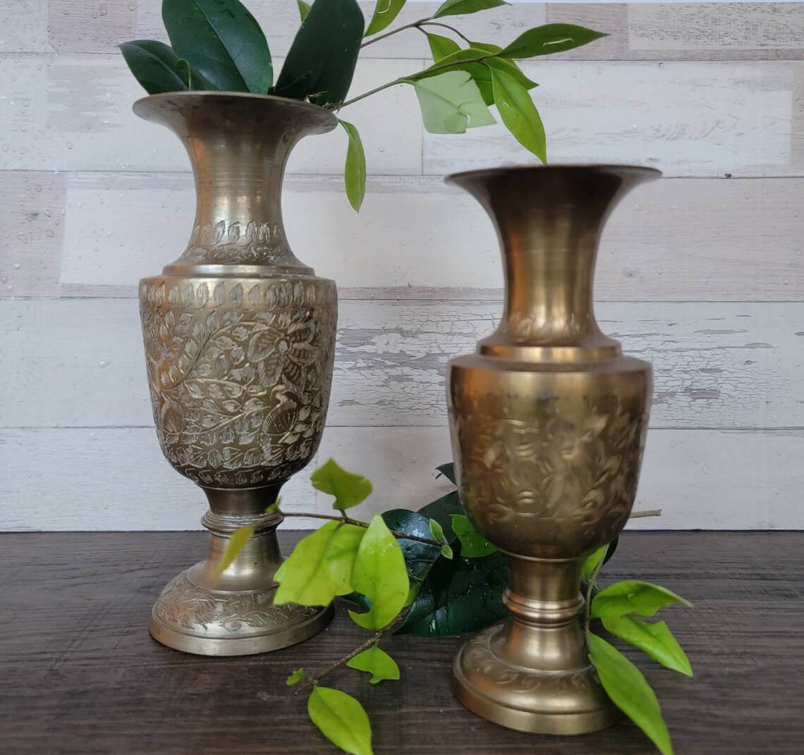 Pair Vintage Etched Brass Vases Urns Made in India 7 & Etsy