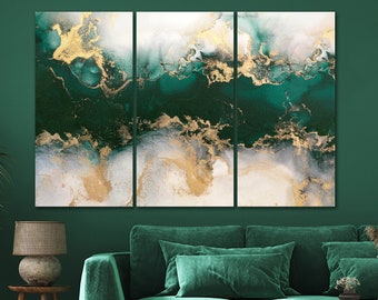 Abstract Green Marble Canvas Print Home Living Room Bedroom Trendy Wall Décor Luxury Wall Art Emerald Green Gold Artwork Canvas Set Art Deco