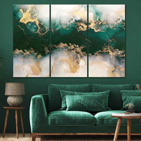 Accent Abstract Green Marble Canvas Print Home Living Room Bedroom Trendy Wall Décor Luxury Wall Art Emerald Green Gold Artwork Canvas Set