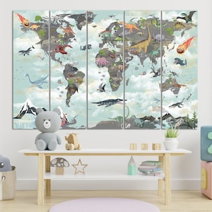 Prehistorische fantasie dinosaurus wereldkaart kunst aan de muur kinderkamer muur decor dino-expeditie kinderen wereldkaart dinosaurus minnaar educatieve muurkunst