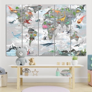 Kinder Wand Kunst Dinosaurus Weltkarte Leinwand Junge & Mädchen Raumdekor Dinosaurier Leinwand Druck Fantasie Lerntier Karte Kunst Kinderzimmer Dekor