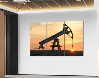 Oil Rig Canvas Wall Art, Industrial Energy Print, Sunset Oil Pumpjack Decor for Modern Office