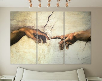 Michelangelo Wall Art Hands of God and Adam Bedroom Wall Decor Large Canvas Print Artist Reproduction Art Catholic Wall Art Above Bed Canvas
