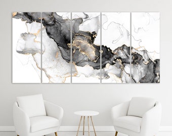 Abstract Grey Marble Wall Art Black and White Home Decor Beautiful Wall Decor Modern Wall Art Luxury Large Multi Panels Canvas Art Print