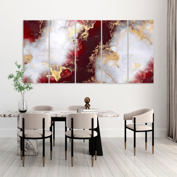Beautiful Red Gold Multi Panel Canvas Art Home Wall Decor Red and White Abstract Wall Art Room Wall Decor Modern Painting Printed on Canvas