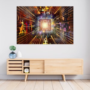 May include: Abstract digital art print featuring a glowing, colourful, geometric design with a grid pattern and binary code. The design resembles a tunnel or portal with a bright light at the end.