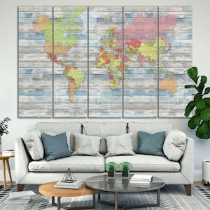Mapa del mundo grande con chincheta, arte náutico para pared, decoración de pared de viajes, decoración de pared moderna, mapa colorido, regalo para viajeros, lienzo de arte de pared extragrande