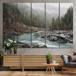 May include: A panoramic landscape photograph of a river flowing through a lush forest. The river is a vibrant blue-green color and the forest is a deep green. The image is split into five sections, creating a triptych effect.