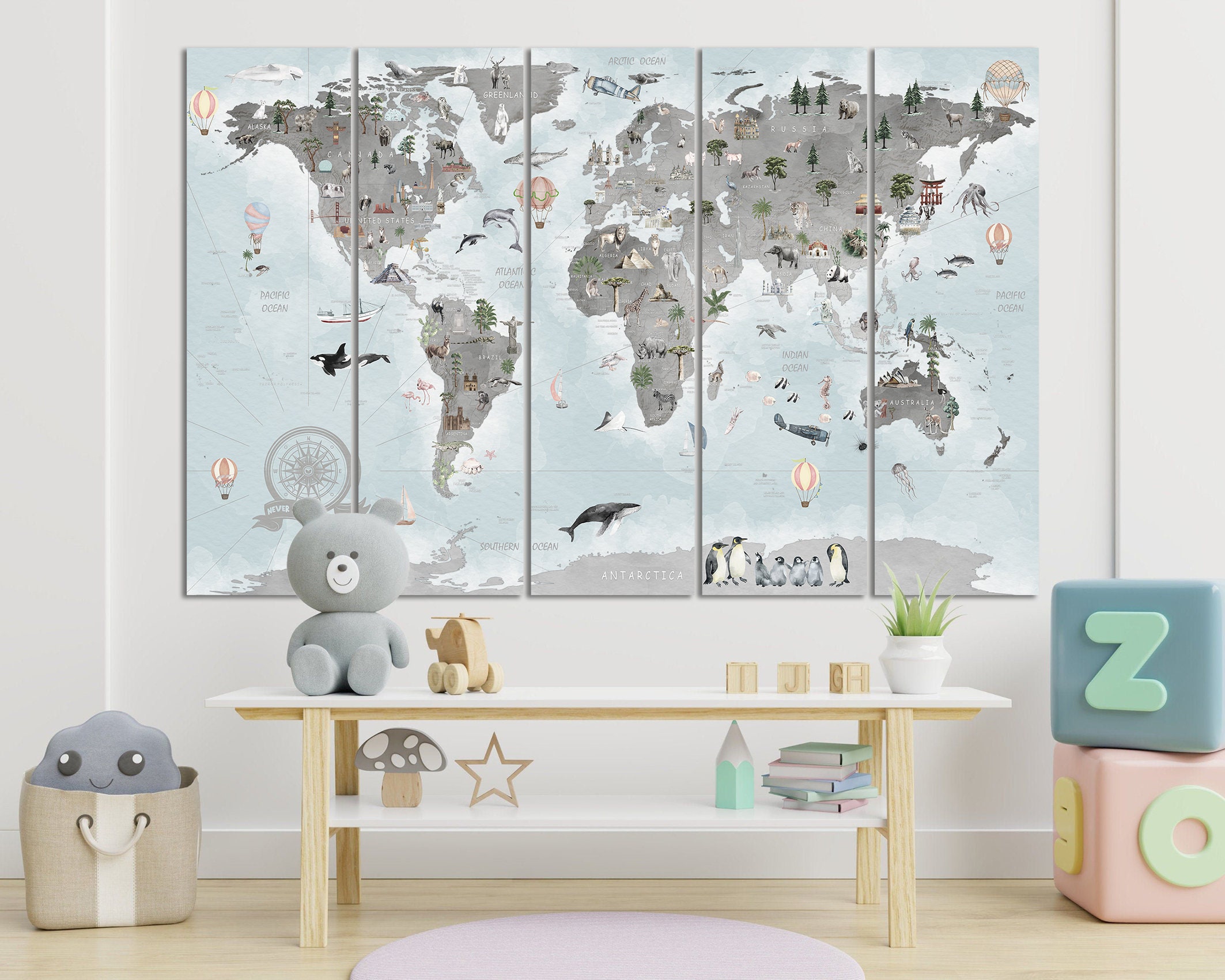Exploring World Map Kids Wall Art Print on Canvas Personalized With ...