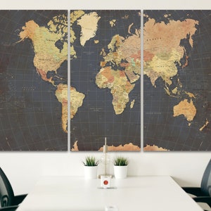 Lienzo con mapa del mundo antiguo: tríptico grande para decoración de oficina y hogar, arte de pared con mapa del mundo rústico, regalo para amantes de los viajes, arte de pared vintage