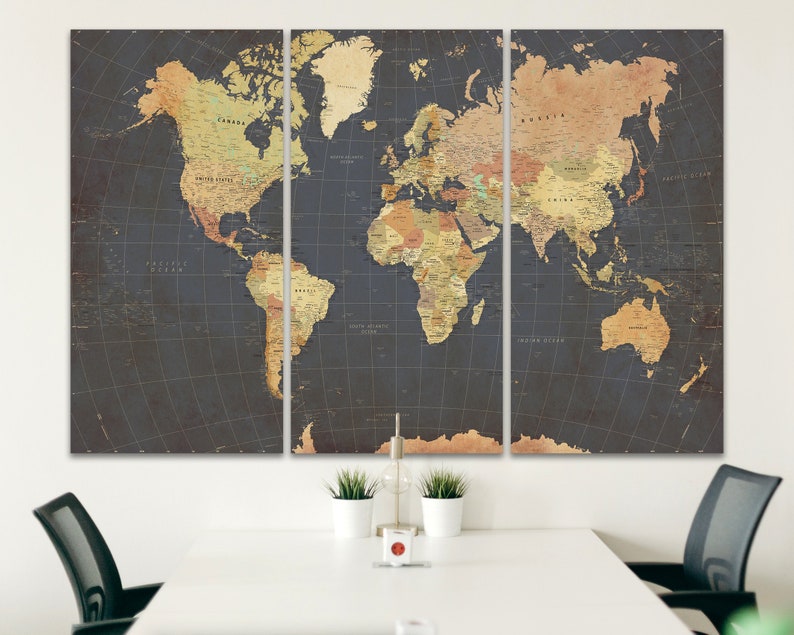 Giant Wall Art World Map Push Pin Vintage Style Travel Wall Etsy