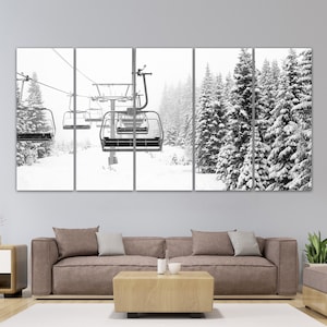 Arte de parede para teleférico, impressão em tela para estação de esqui, arte de parede para teleférico, decoração de parede para montanha e esqui, presente para um esquiador, arte de parede grande, decoração de inverno para casa