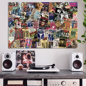 K&ouml;nnte beinhalten: Eine Collage aus Vintage-Konzertplakaten mit legend&auml;ren Rockbands wie The Police, Guns N' Roses, Nirvana und The Clash. Die Poster sind in einem chaotischen und farbenfrohen Muster angeordnet und erzeugen eine lebendige und nostalgische &Auml;sthetik.