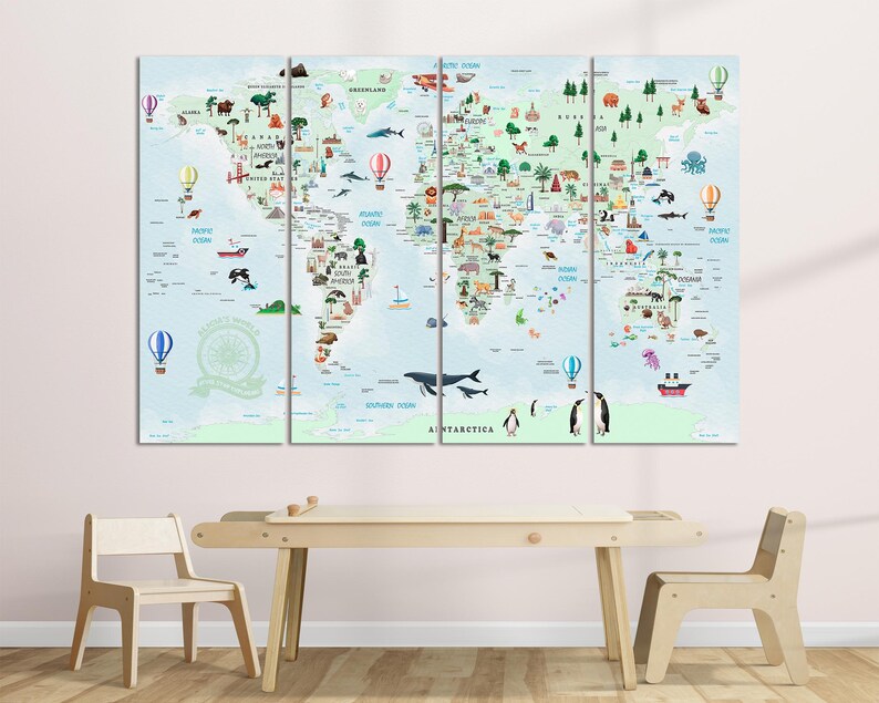 Green World Map Canvas With Name, Custom Kids Animal Map Wall Decor ...