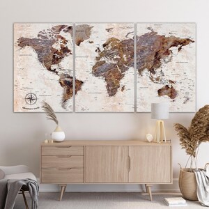 Rustikale Weltkarte Leinwanddruck - Triptychon im Vintage-Stil Wandkunst für Zuhause, Büro oder Reisen - Erdfarben Abenteuer Dekor Worls Map Art