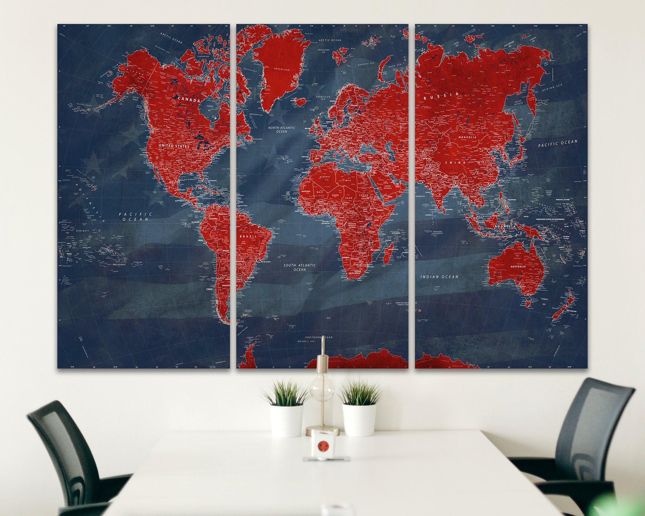 Blue Red White Wall Art Large World Map Print Wall Decor Etsy
