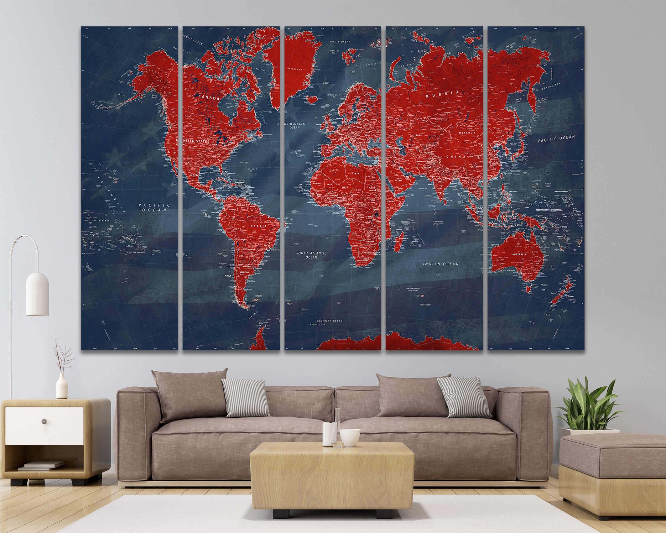 Blue Red White Wall Art Large World Map Print Wall Decor Etsy UK