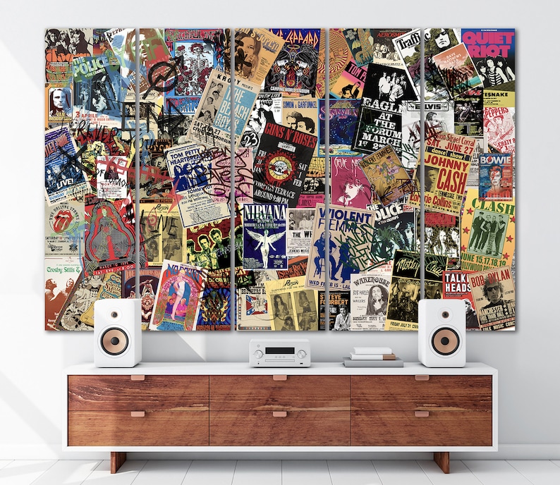 K&ouml;nnte beinhalten: Eine Collage aus Vintage-Konzertplakaten mit Bands wie The Police, Guns N' Roses, Nirvana, Johnny Cash und The Clash. Die Poster sind in verschiedenen Farben und Stilen gehalten, mit einer Mischung aus Schwarzwei&szlig; und Farbe.
