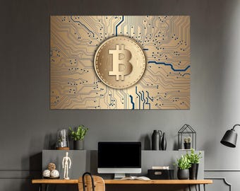 Bitcoin Canvas Wall Art, Crypto Currency Print, Modern Blockchain Decor for Office and Gaming Room