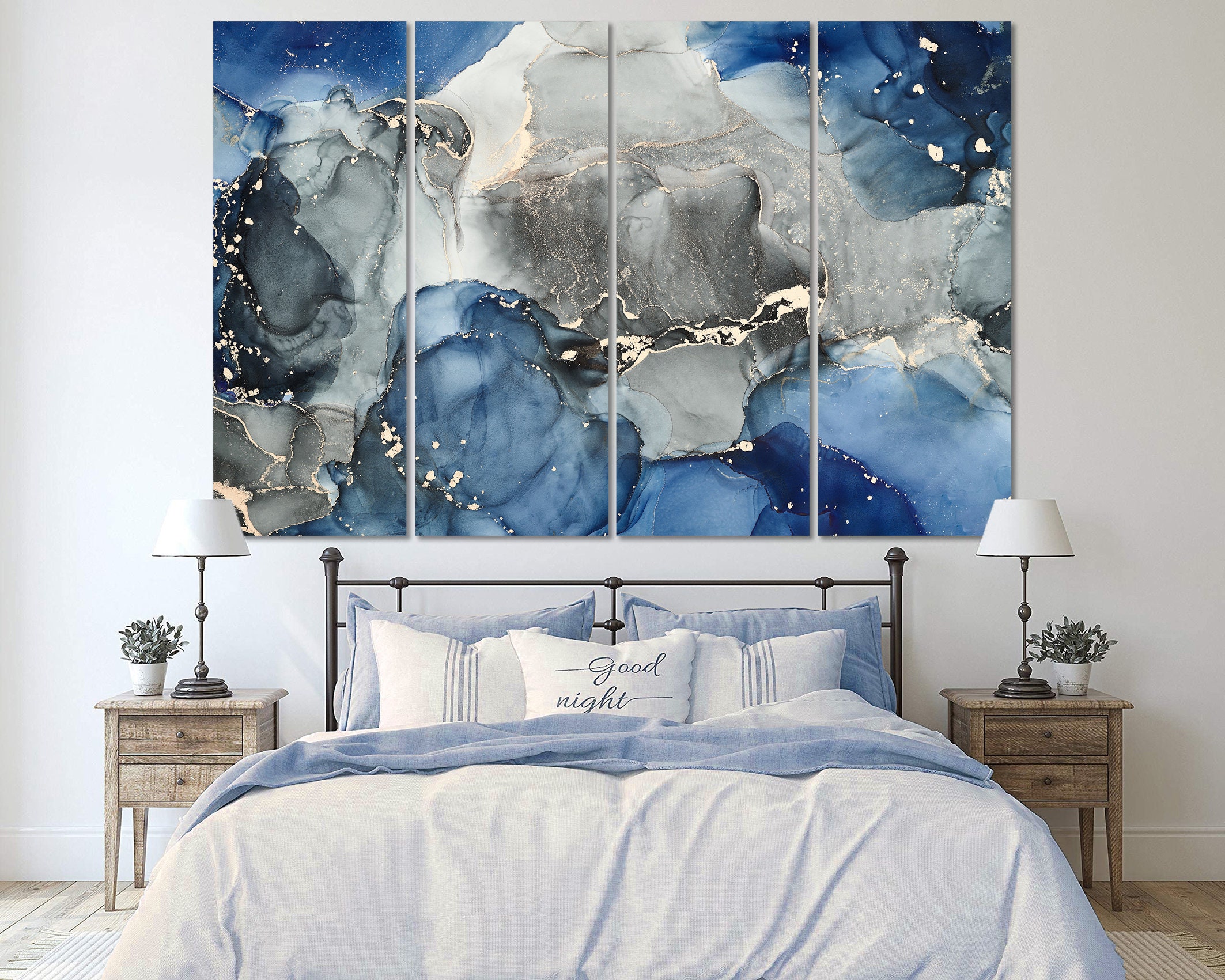 Blue Grey Wall Art Abstract Marbling Canvas Print Home Living Room Wall