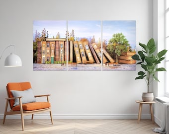 Surreale Buch-Wand-Kunst-Leinwand - Literarische Straßenszene - Triptychon für Buchliebhaber